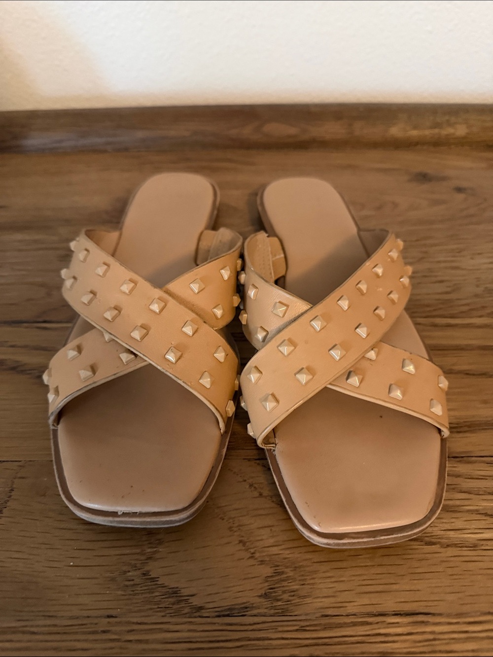 A New Day Studded Cross-Strap Tan Slide Sandals - Women 7.5